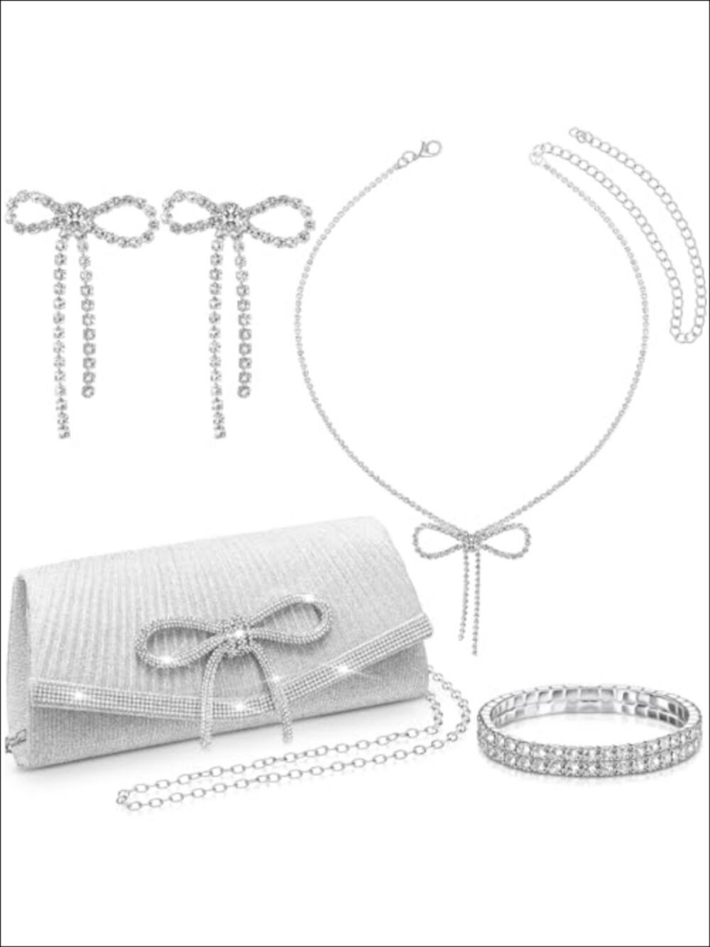 Rhinestone Bow Evening Clutch Purse Jewelry Set Necklace Earrings Bracelet